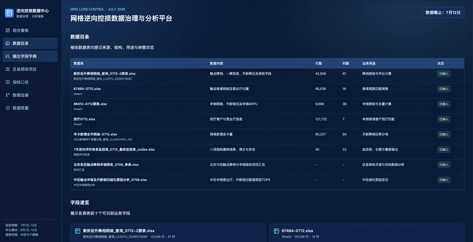 网格逆向控损数据治理与分析平台的数据目录、指标口径与网格分析界面